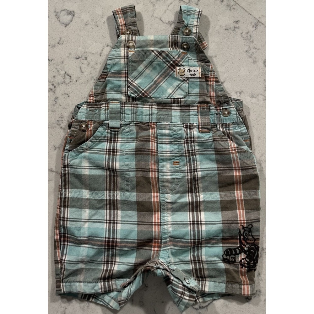 VTG 90s Disney Classic Pooh Overalls Shortalls 6 MOS Teal Brown Plaid Cotton Y2K